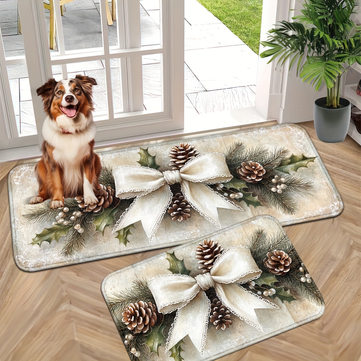 

Christmas Holly And Design Non-slip Door Mat, Polyester, Machine Washable, Knit Weave, Rectangular Indoor Entrance Mat For Entryway, Holiday Decorative Front Door Rug