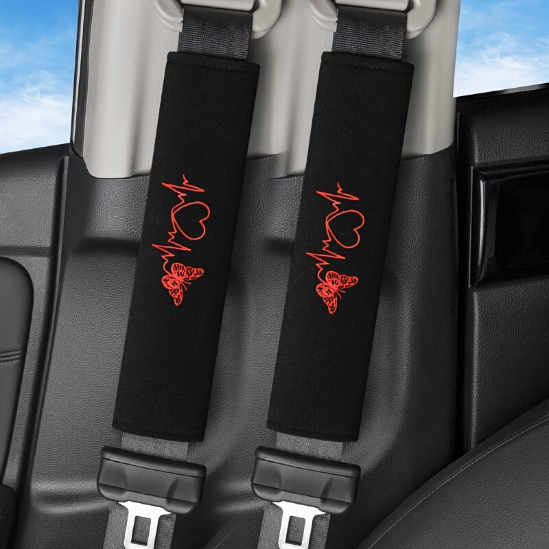 Image of 2pcs Heart Embroidered Car Seat Belt Shoulder Pads - , Black Automotive Accessory, Soft Breathable Fabric, Daily Essential, Upgrade, Fashionable Design
