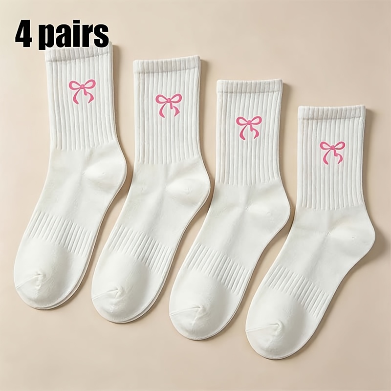 TEMU 4-pair Wearable Pink Bow White Women's Mid-calf Socks - Soft And Comfortable, Breathable Casual Socks, High-elasticity, Anti-slip,