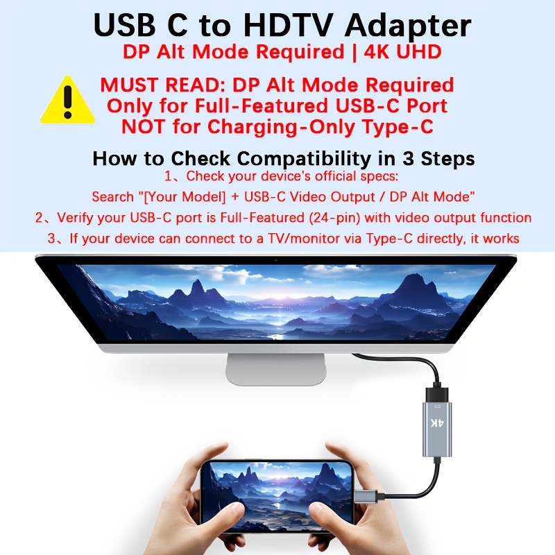 usb c to hdtv adapter 4k 30 high definition adapter cable suitable for full   type c   with   output mode not compatible with charging     plug and play video converter Product details 0