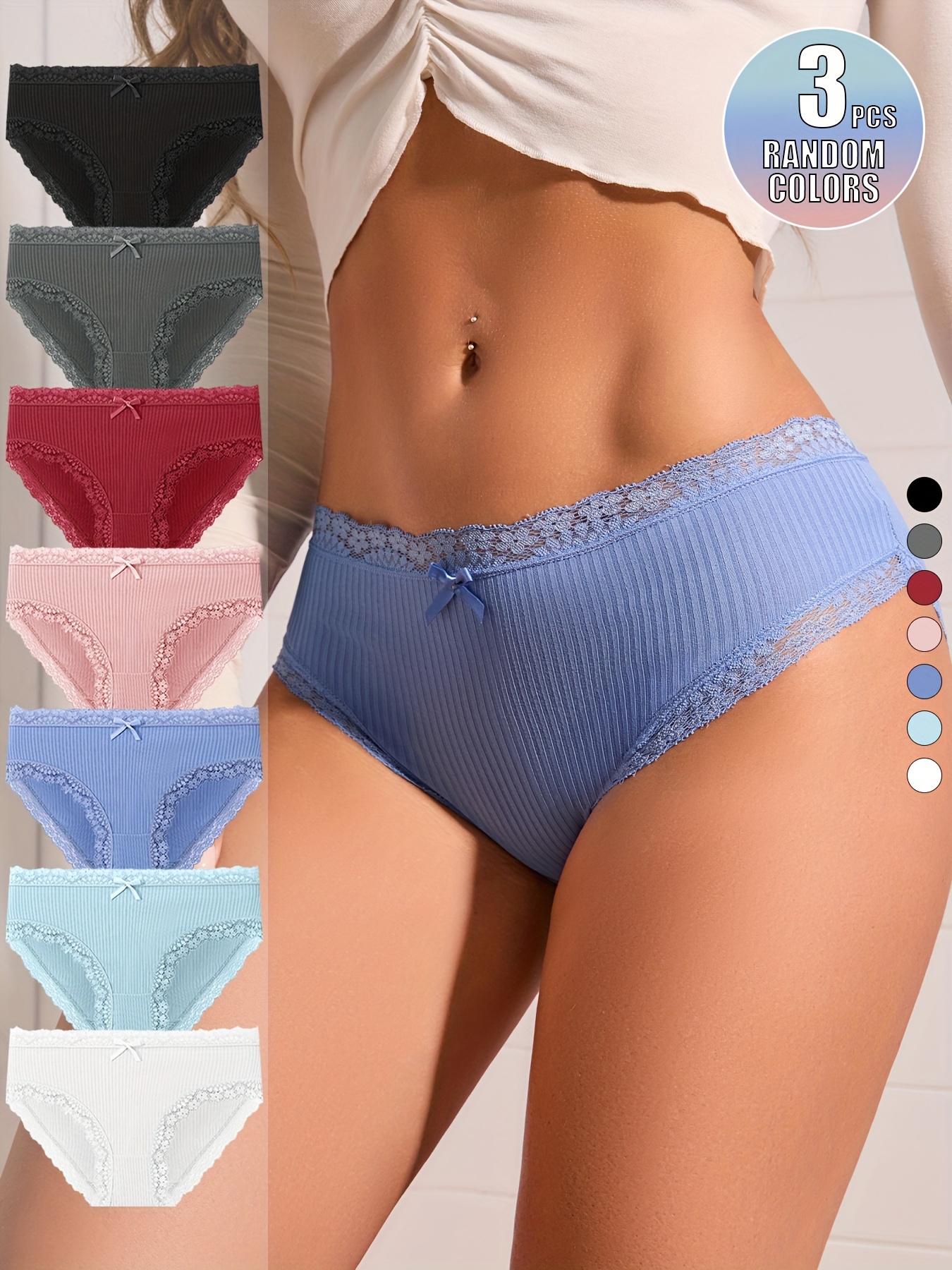 Randomly Packed 3pcs Solid Color Lace Ribbed Panties, Comfortable and Soft with Bow Design, Elegant and Fashionable Underwear