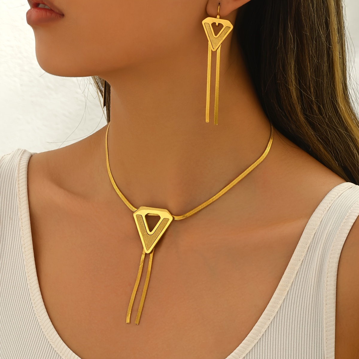 

Chic 3pcs Stainless Steel Jewelry Set - Vintage & Minimalist Tassel Necklace And Earrings For Women, Parties, Party Wear