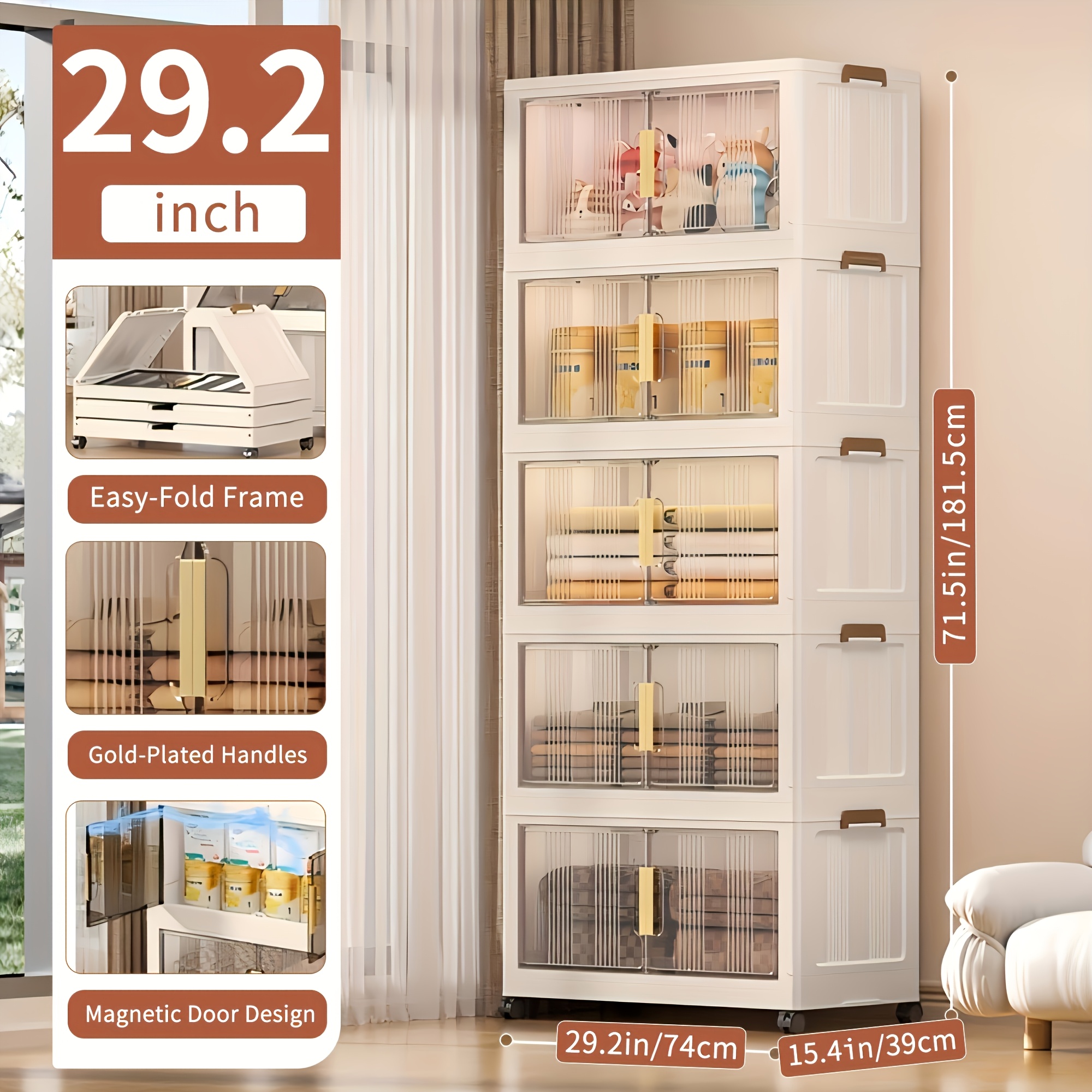 TEMU de rangement pliable de 29,2 po de large avec couvercle, organisateur empilable en plastique à 3/4/5 niveaux sur roulettes pour chambre, bureau,