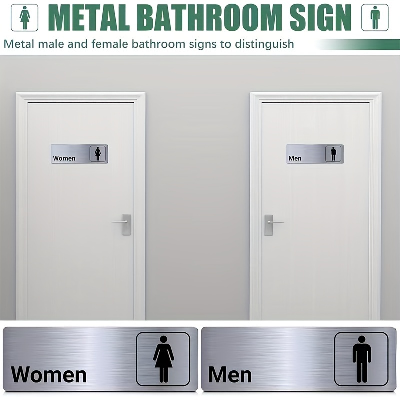 

2pcs Brushed Aluminum Restroom Sign Set - , 9"x3", Silvery, Wall-mounted, Metal, , For Business/office/public , Bathroom Door Signs, , For Professional Restroom Identification