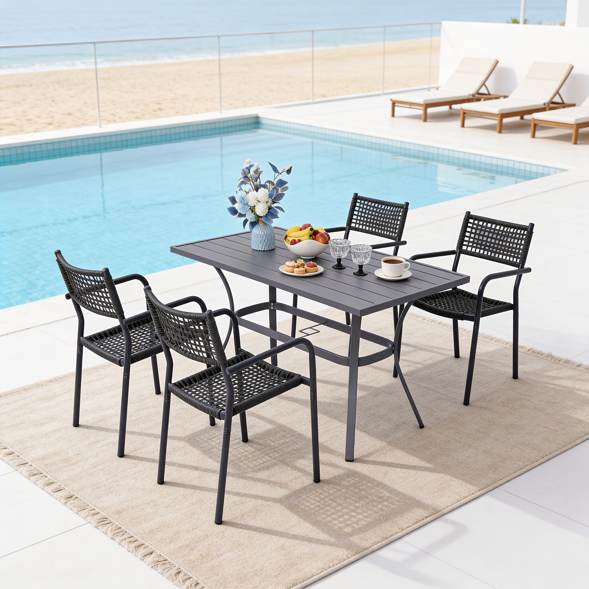 HARAISEDK Patio Dining Chairs Set Of 4/6 Stackable Ergonomic Rattan Armchairs All Weather Powder Coated Metal Frame Garden, Balcony, Poolside White/Gray