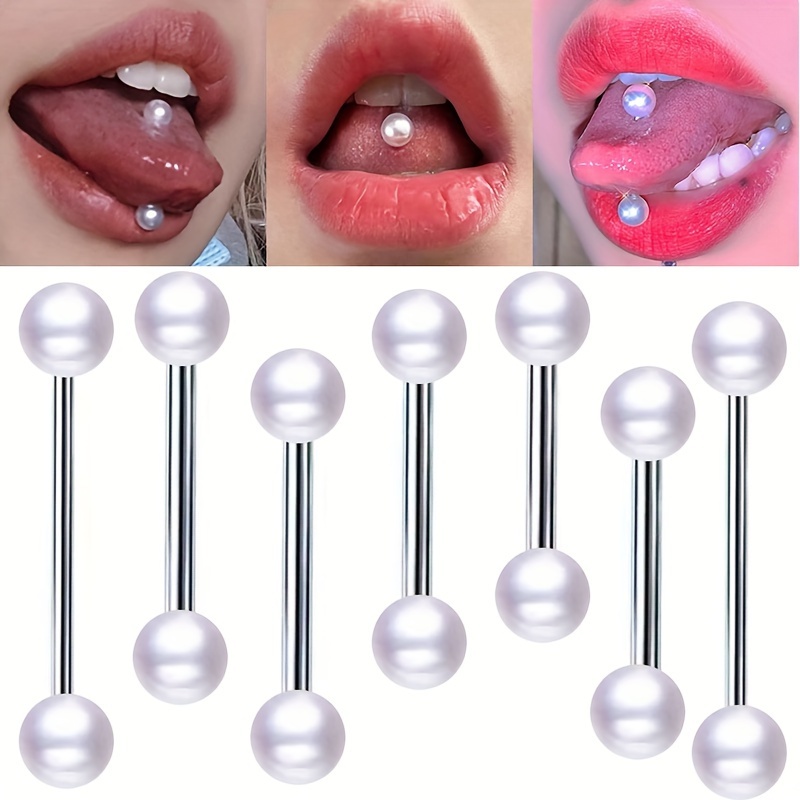 

6pcs, Stainless Steel Double Head Imitation Pearl Tongue Ring, Breast Ring Barbell, Classic Tongue Nail, Industrial Crossbar Ear Nail