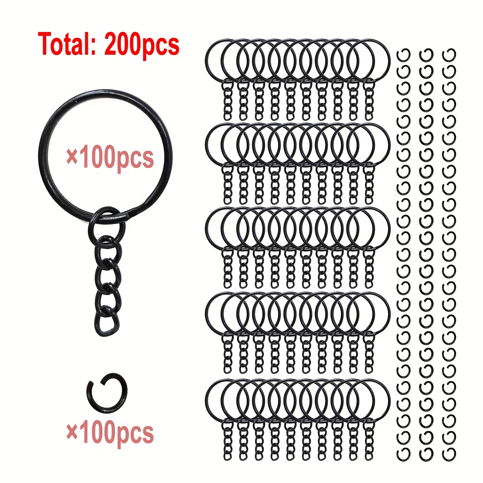 Image of 200pcs Black Keychain Making Supplies Kit, Including 100pcs Sturdy Iron Keyrings With Chains And 100pcs Jump Open Rings, Keyring Additions For Crafts And Gifts