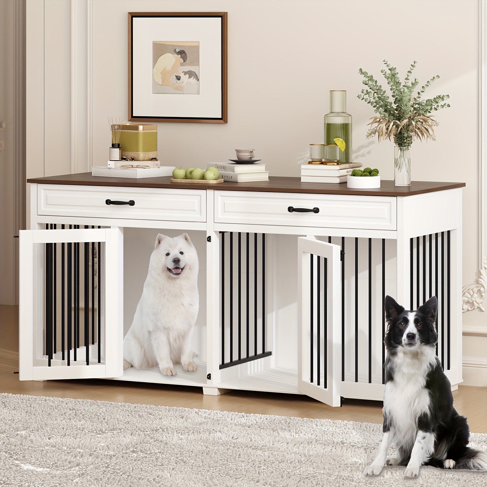 

Furniture Style Dog Crate, Heavy Duty Wooden Large Dog Kennel With Drawers & Divider, 64.6 Inch Indoor Dog House Furniture With Double Rooms For Medium Small Dogs