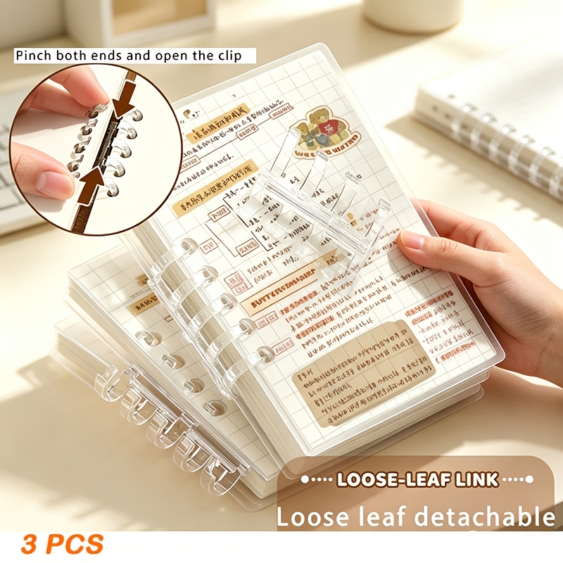 TEMU 3 Pack A7 Clear Mini Loose Leaf Binder Notebooks, 80 Sheets Detachable Refillable Grid Paper, Transparent Pocket Planner Journal, School Office