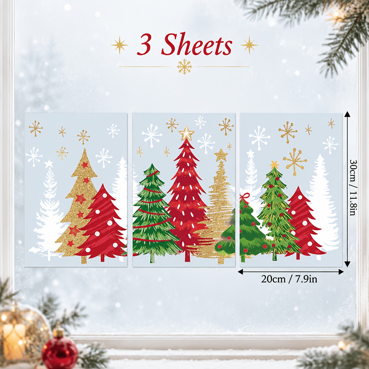 TEMU 3-pack Christmas Window Stickers, Each 20×30cm, Colorful Christmas Tree And Snowflake Glass Decals, -golden Color Scheme, Suitable For Holiday