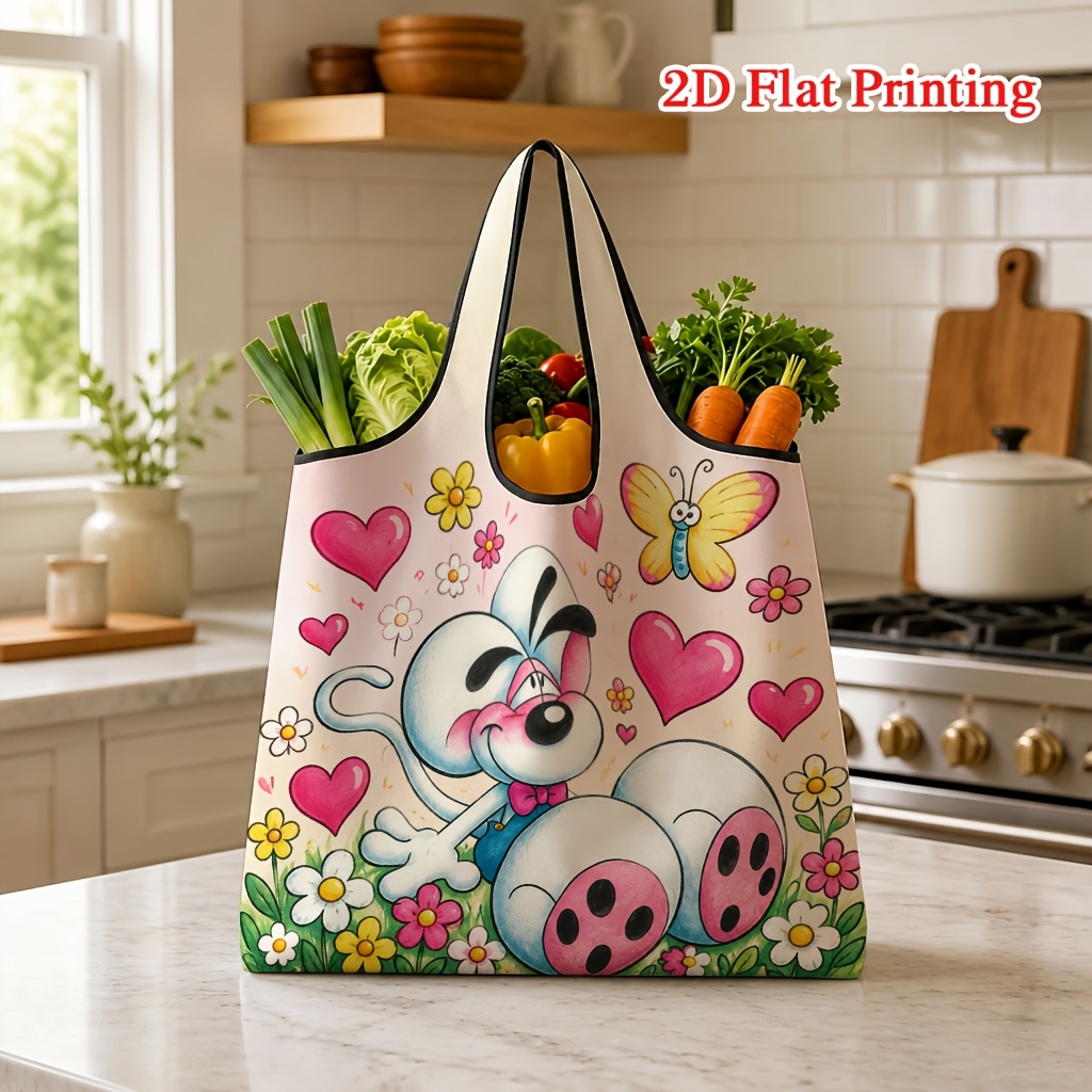 TEMU 1pc Pink Heart Cartoon White Mouse With And Floral Pattern 2d Printed Shopping Bag, Suitable For Grocery Shopping And Travel, Machine Washable