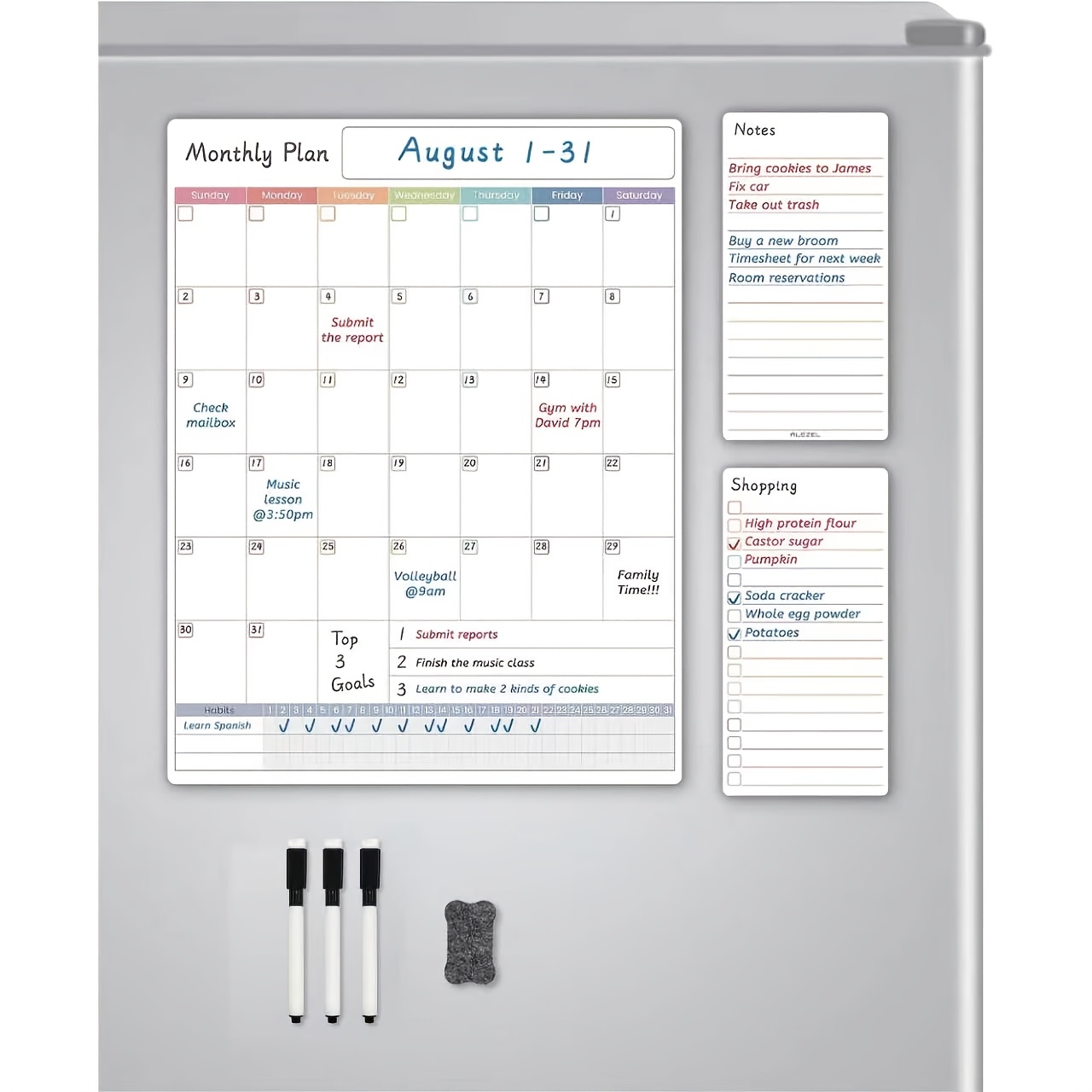 TEMU Lot de 3 calendriers magnétiques effaçables à sec pour réfrigérateur, ensemble de tableaux blancs mensuels avec sections pour mémo et liste de