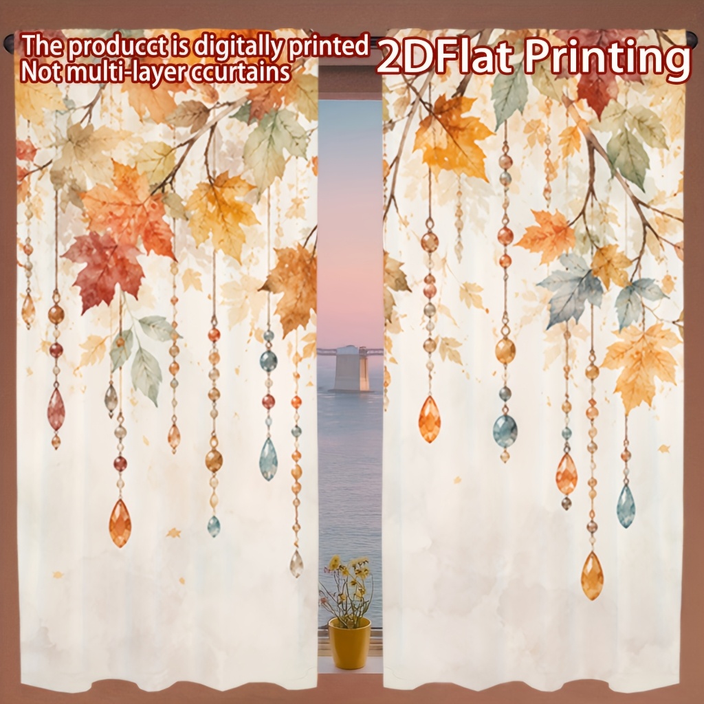 TEMU 2d Flat, 2pcs Panel 2d Watercolor Autumn Maple Leaf Beaded Curtains Suitable For Living Room, Semi-sheer Privacy Window Drapes With Beaded Leaf,