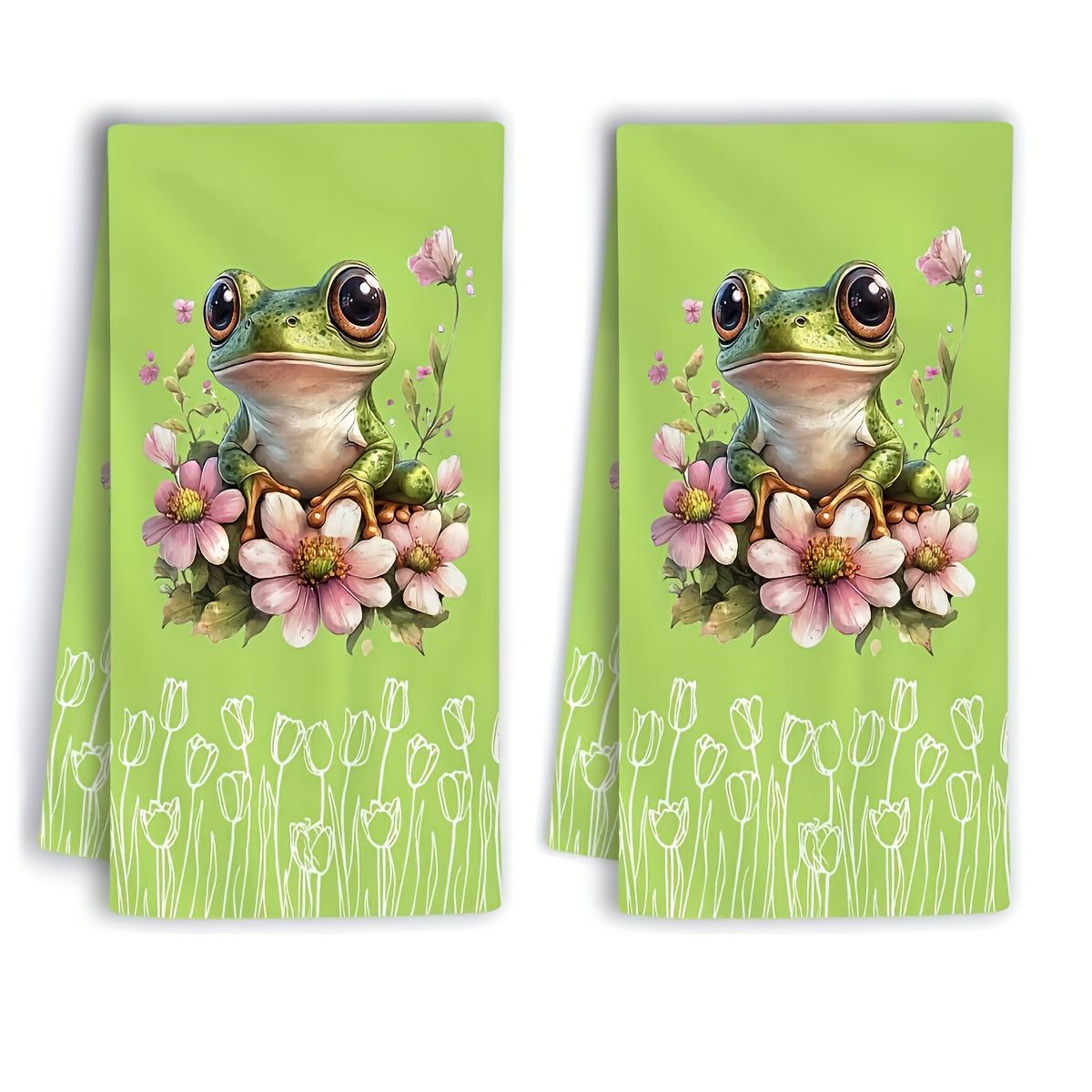 TEMU 2pcs Country Style Frog Pattern Kitchen Towel Set Cleaning Cloth, Made Of 100% Polyester Material, Hand Wash , Fade Resistant, Floral Theme