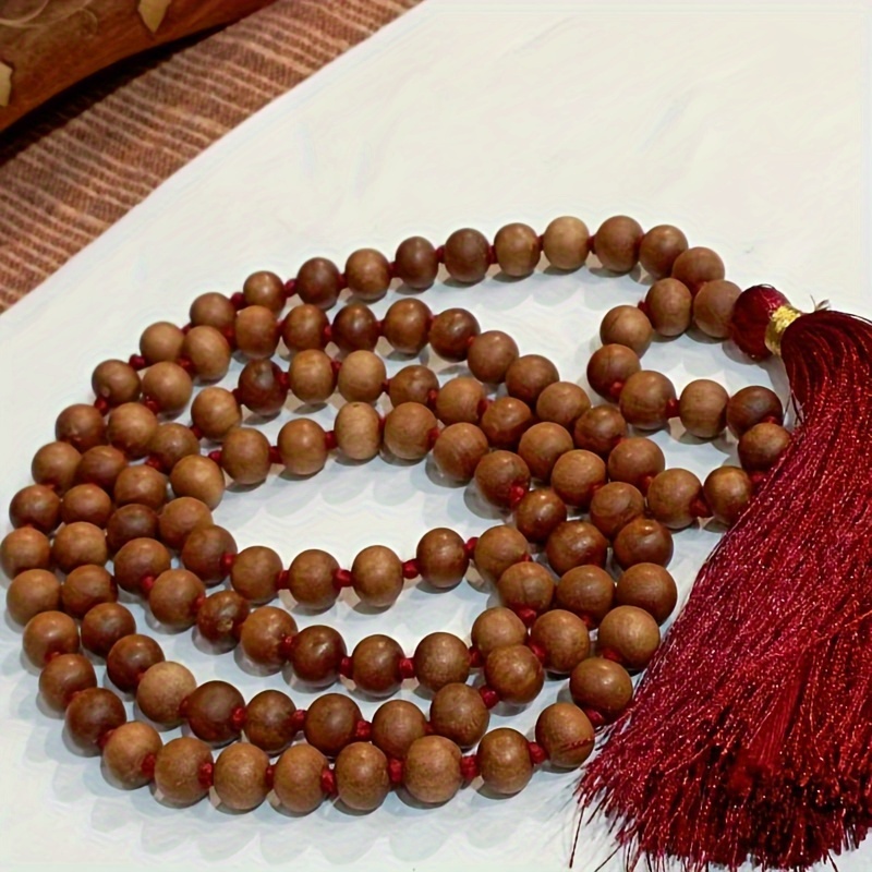 TEMU 1pc Sandalwood Mala Necklace, 8mm 108 Knotted Sandalwood Beads Jewelry For Men Women