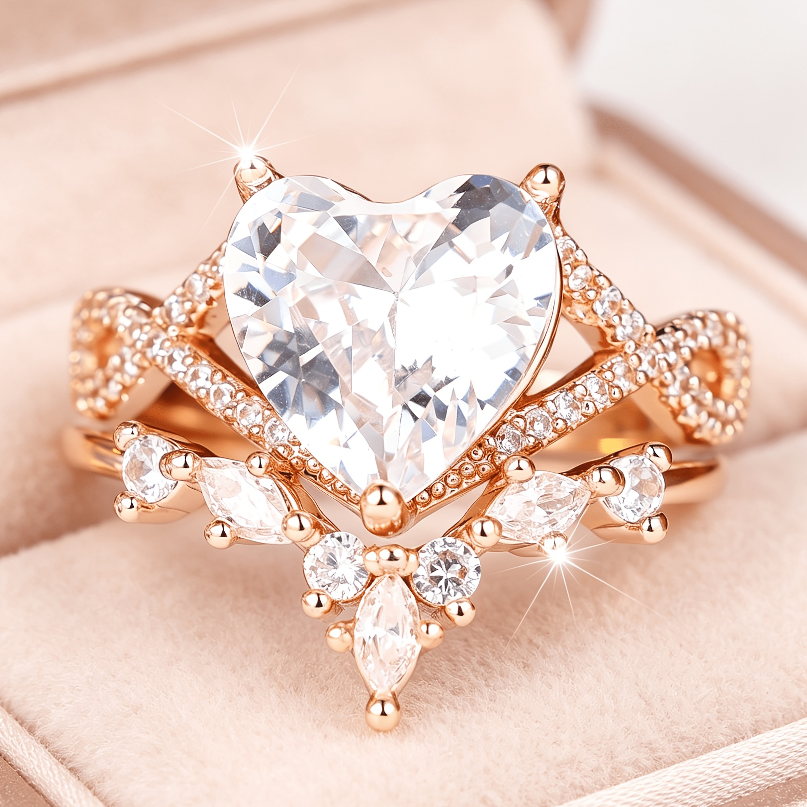 2pcs Unisex Ring Set with Heart-Shaped Synthetic Zirconia Inlay