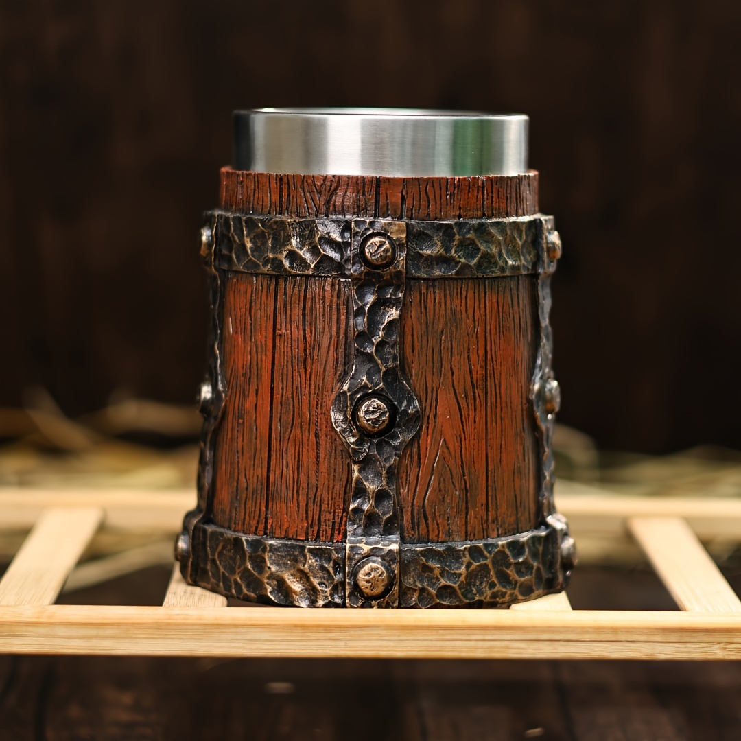 vintage 600ml large capacity barrel stainless steel coffee mug handcrafted wood like   with striped pattern insulated reusable metal beer   for home use ideal for christmas halloween easter thanksgiving fathers day gifts details 2