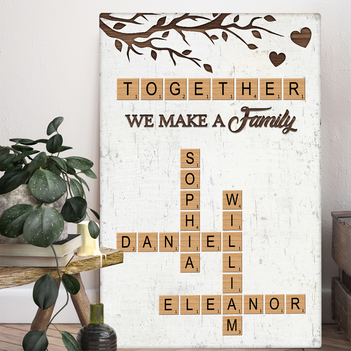 TEMU Personalized Family Canvas - Custom Names In Parents' Places (e.g. Mom, Dad, Son, Daughter) - Vintage Wood-like Background - Framed Canvas Wall