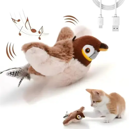 interactive cat toy plush bird shaped with feather tail touch activated usb rechargeable no batteries needed durable polypropylene material suitable for all indoor play exercise cat toys for indoor cats