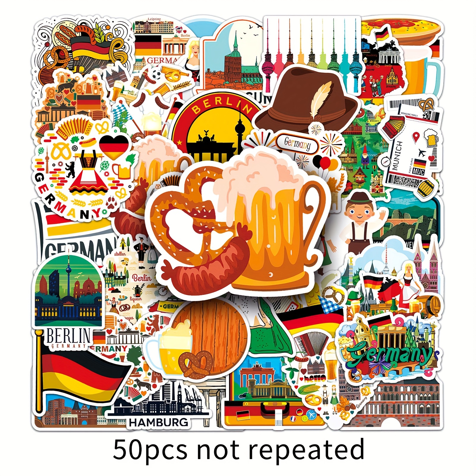 50pcs German Outdoor Scenery Creative Graffiti Stickers, Self-adhesive Graffiti Stickers, Suitable For Water Cup, , Skateboards, Luggage, Helmets, Etc