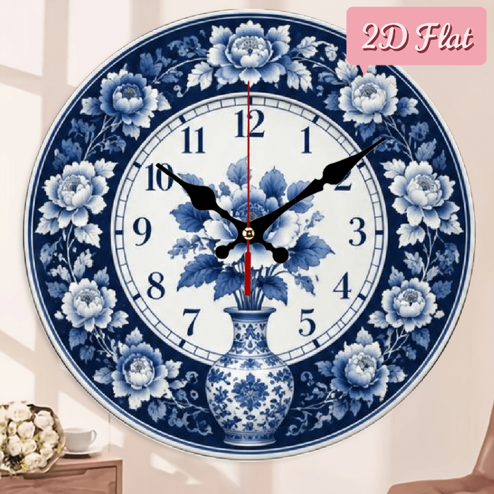 TEMU 1pc 10inch -chinese Nursery Wall Clock With Peony Porcelain - Wood Frame, Oriental Botanical Decor Suitable For Bedroom, Nursery, Bathroom, -