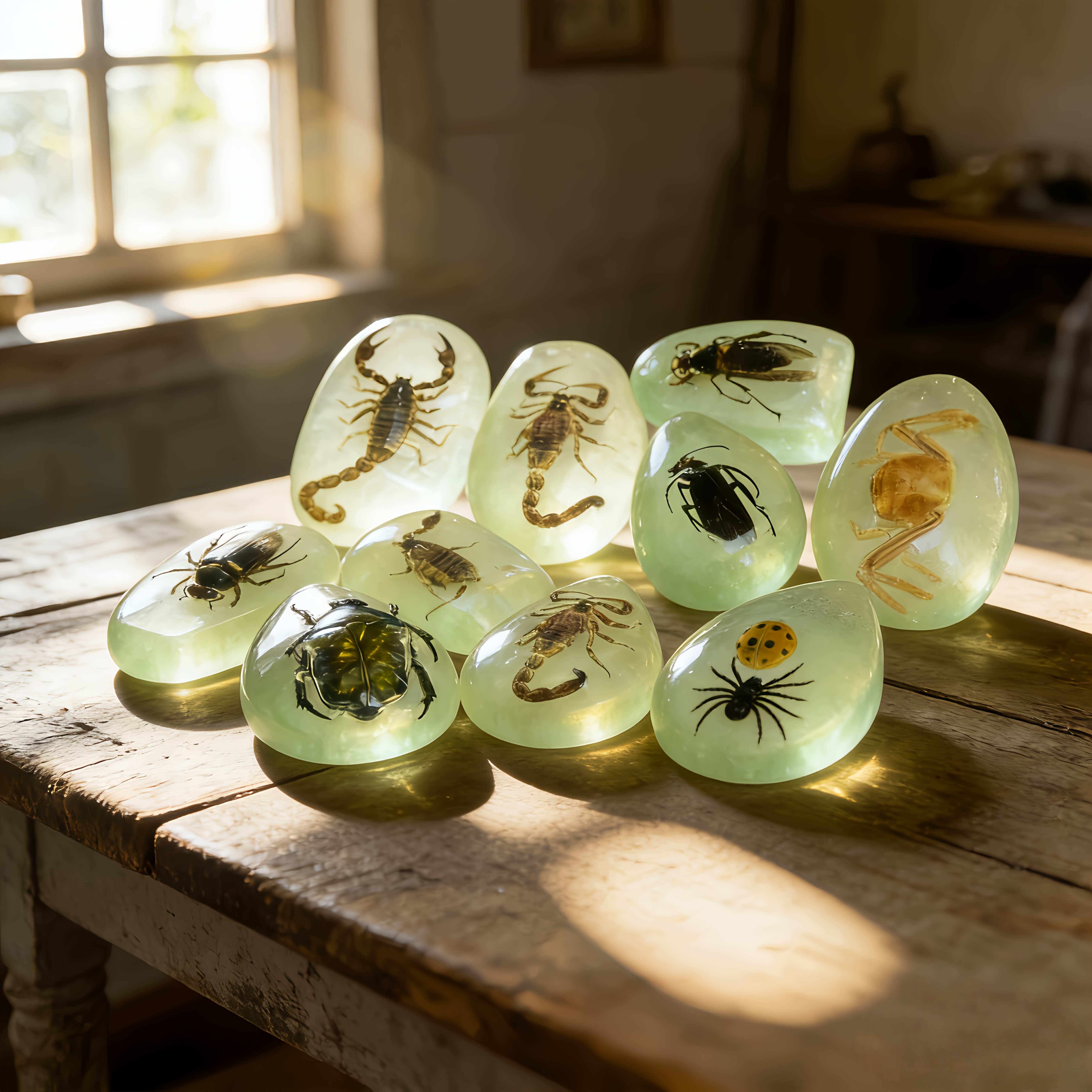 E-shop 4er-Set zufällige grüne, transparente, simulierter Bernstein-Stücke, Insekten aus Kunststoff, Hellgrün, realistische und zarte Form,
