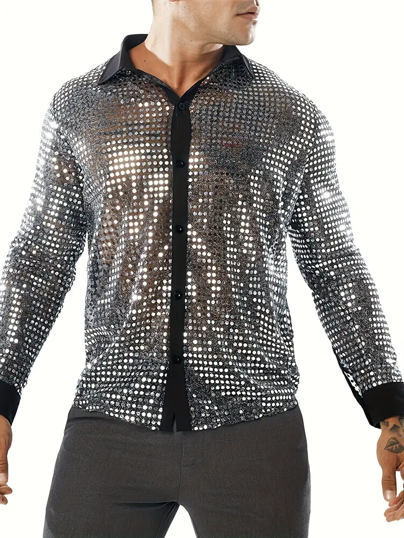 Chemise Disco Années 70 Homme Manches Longues à Paillettes - Costume Fête Carnaval Halloween
