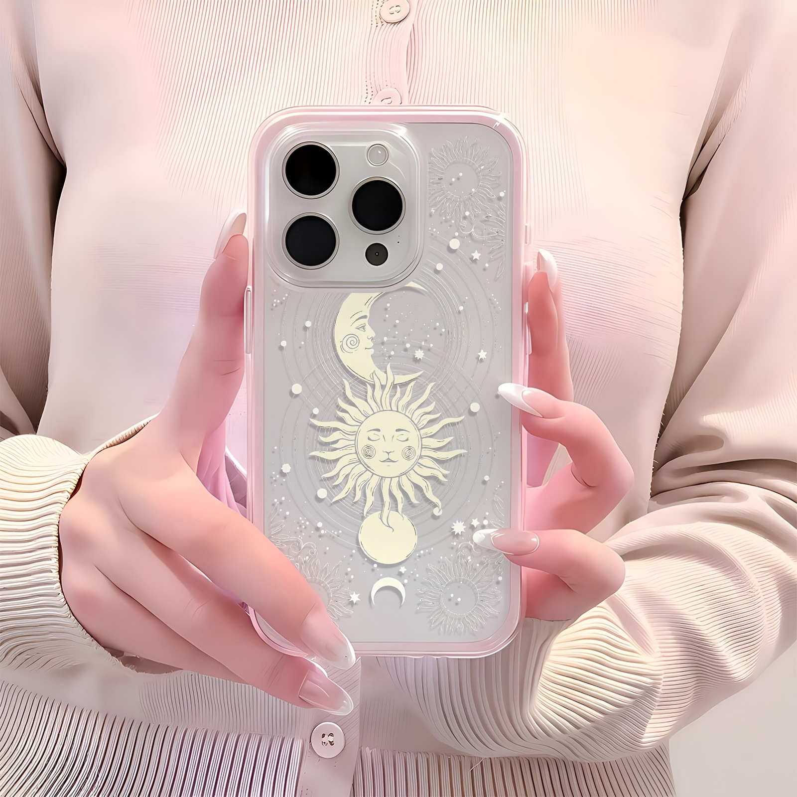 TEMU Phone Case - 1pc Yellow Sun Moon Pattern Pink Border Transparent Soft Phone Case Cover Suitable For Iphone 17/16/15/14/13/12 11 17pro And