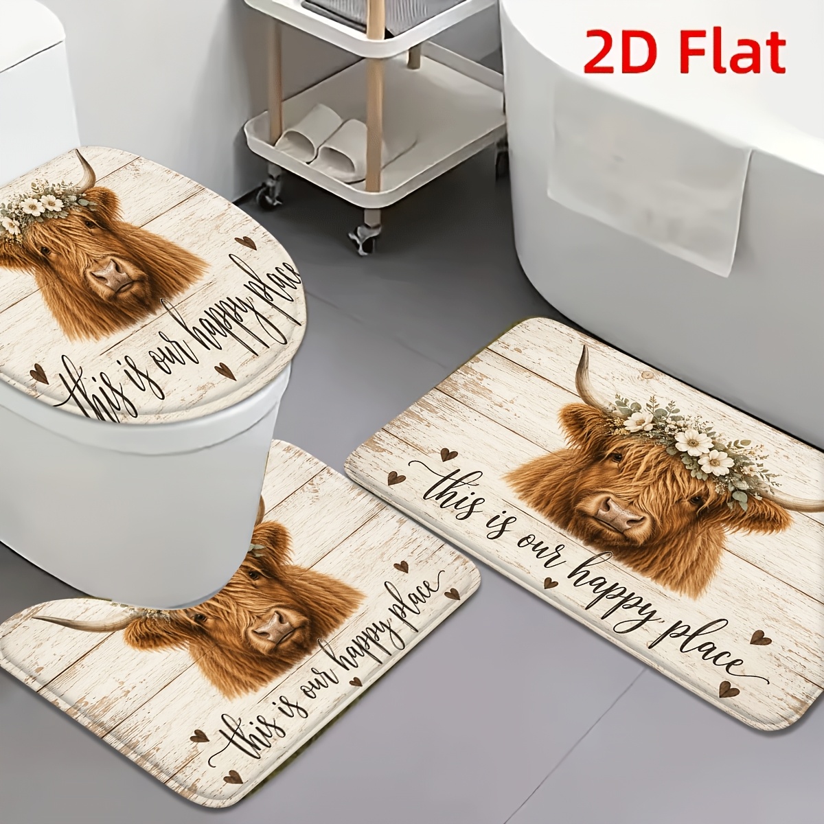TEMU 2d Flat 3pcs Highland Cow Floral Crown Flannel Non-slip Toilet Mat Set, " Our Happy " Slogan, Cozy Rustic Decor For Bathroom, Entryway, Bedroom,