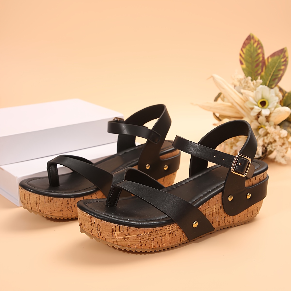 2026 Summer New Black T-Strap Platform Wedge Sandals Cork Sole Comfortable Height-Increasing Flip-Flops, Women Shoes