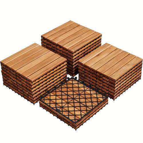 10-Pack 12x12 Acacia Wood Deck Tiles – Interlocking Patio Pavers, Stripe Pattern, Brown