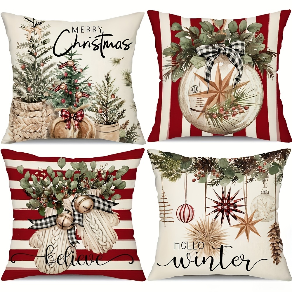 Image of 4-pack Contemporary Christmas Tree And Winter Theme Linen Throw Pillow Covers 18x18 Inch With Zipper Closure - Machine Washable Decorative Cushion Cases For Living Room Sofa And Farmhouse Decor