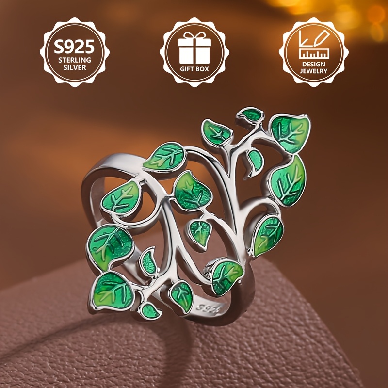 925 Silver Green Leave Branch Women's Ring High End Light Daily