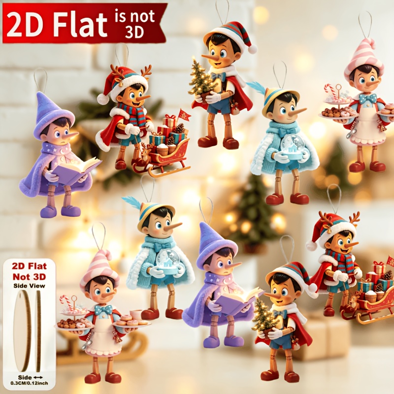 TEMU [2D Flat] 10 pezzi Decorazioni Natalizie in Legno con Motivo di Pinocchio, Set Decorazioni Natalizie da Appendere, Decorazioni in Legno 2D