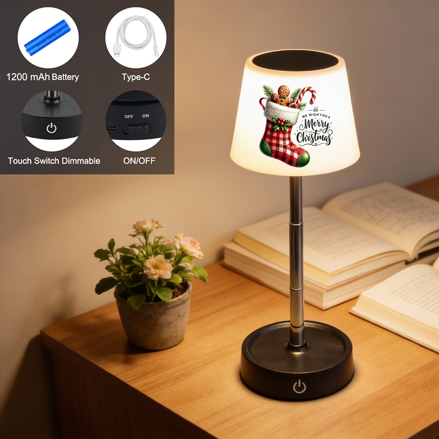 Red Plaid Christmas Stocking Gingerbread Man Print Office Lamp, Adjustable & Rechargeable