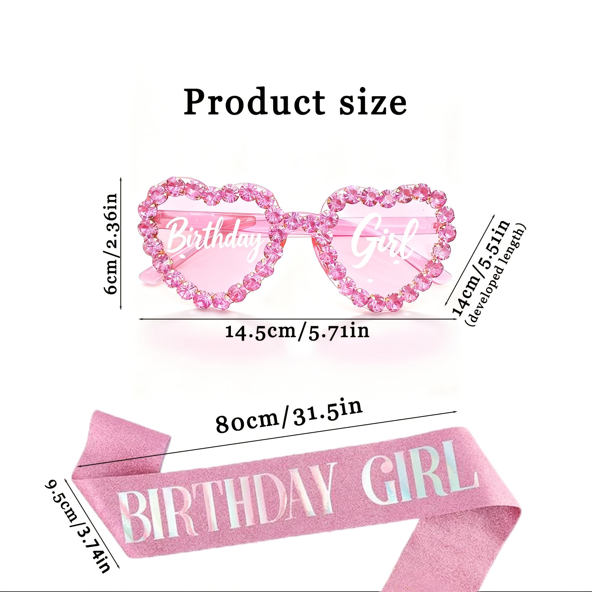 TEMU 2pcs Birthday Girl Rhinestone Heart Glasses & Sash - Crystal Studded Heart-shaped Frames With Sash Suitable For Bachelorette Party Favors, Photo