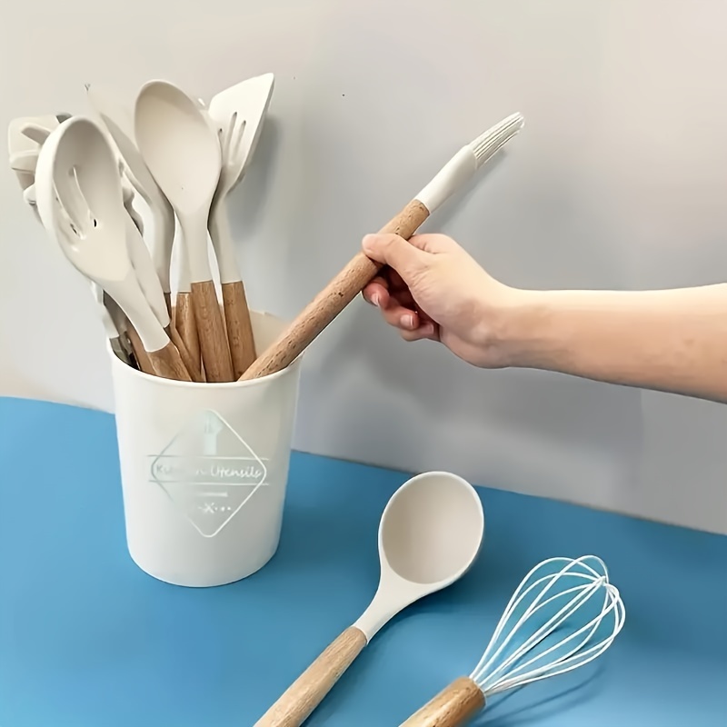 

12pcs, Silicone Utensil Set, Khaki Kitchen Utensil Set With Wooden Handle, Safety Cooking Utensils Set, Kitchen Tools Set, Washable Modern Cookware, Kitchen Stuff, Kitchen Gadgets