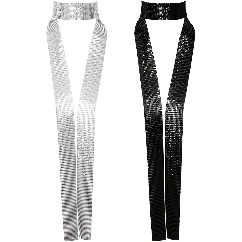 Image of 2pcs Women's Long Slim Sequin Tie, Glitter Sequin Scarf Neckband Belt, , Suitable For Parties, Graduations, Weddings, Daily Wear, For New Year's Gatherings And Parties
