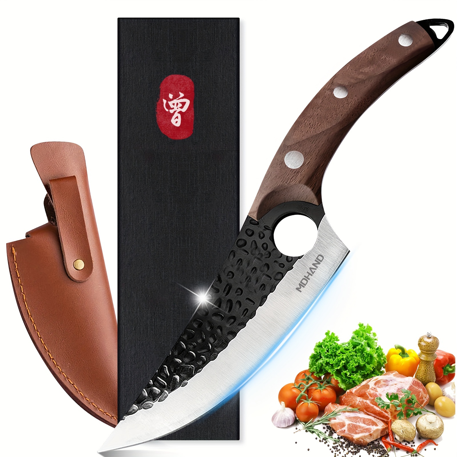 

Mdhand Meat Cleaver Knife 6inch, Hand Forged Boning Knife With Sheath Butcher Knives High Carbon Steel Fillet Knife Vegetable Chef Knives For Kitchen, Camping, Bbq, Outdoor