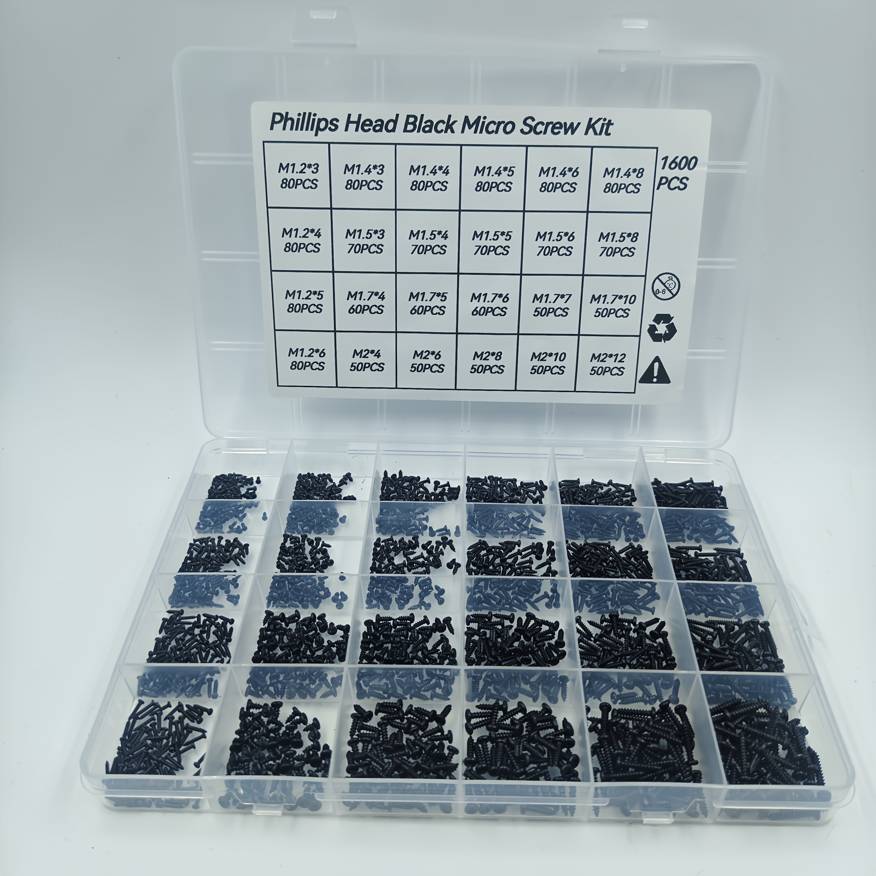 Image of 1600pcs Micro Self-tapping Screw Kit (m1.2/m1.4/m1.5/m1.7/) - Cross Pan Head Carbon Steel Black Screws For Electronics And Woodworking
