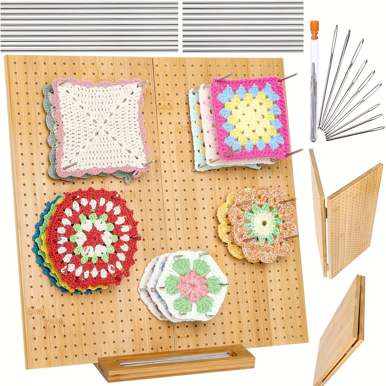 Image of 15.4 Inch Foldable , Upgraded Large Blocker Crochet Hook, Equipped With 20 Steel Rods And 9 Pins, Bamboo Wood Pegboard, Paper Box Packaging, For Gifts