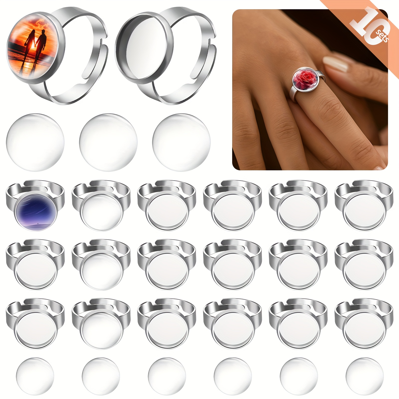 Image of 10pcs 18mm Blank Rings Adjustable Pad Ring Base, With 10pcs 12mm Clear Glass Cabochons,blank Ring Base Tray For Jewelry Making Diy Crafts