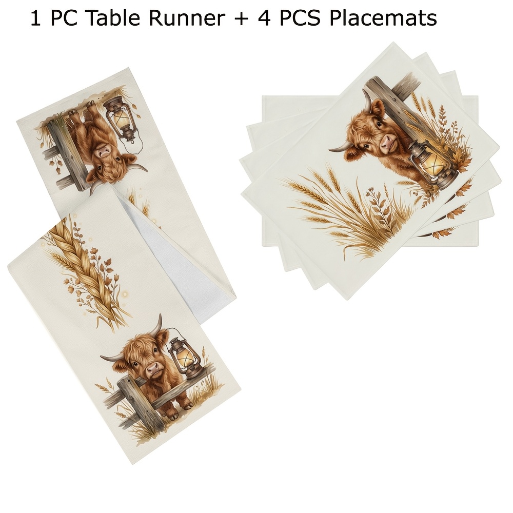 TEMU 5/6/7/8pcs Rustic Farmhouse Highland Cow And Lantern Tablecloth, Placemat, And Tissue Box Cover Set Fall Kitchen Dining Table Decoration,