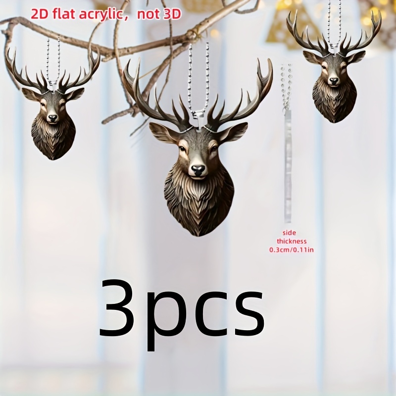 TEMU 3pcs Acrylic Deer Head Pendants, 2d Flat Hanging Decor For Indoor & Outdoor, Car Rearview Mirror, Universal Holiday Decor, No Electricity Needed