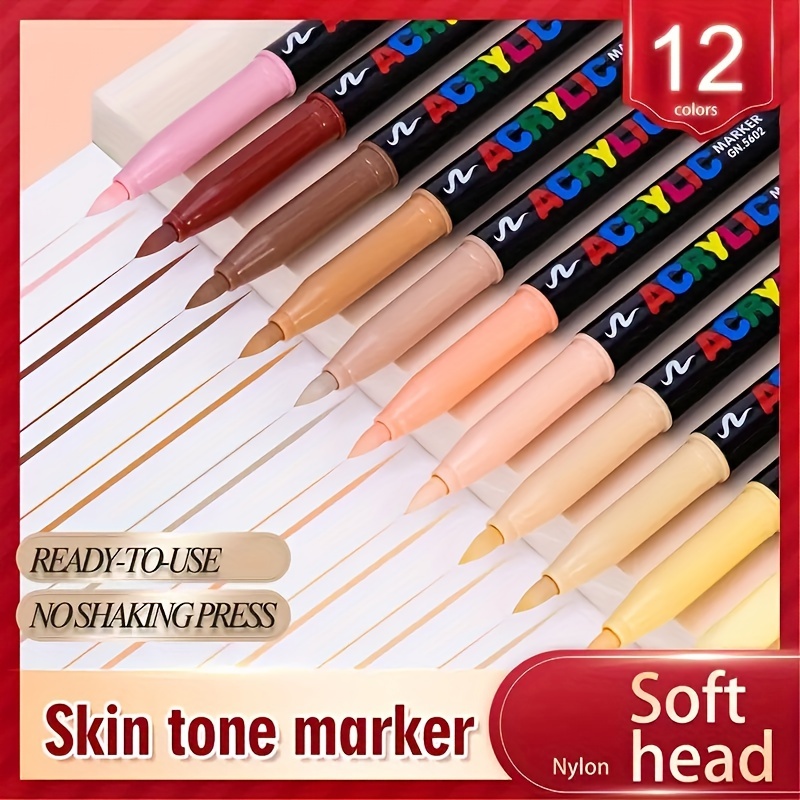 

12-color Skin Tone Artistic Markers - Soft Tip, Fade-resistant, Waterproof, Ideal For Doodling, Sketching & Diy Journal Painting