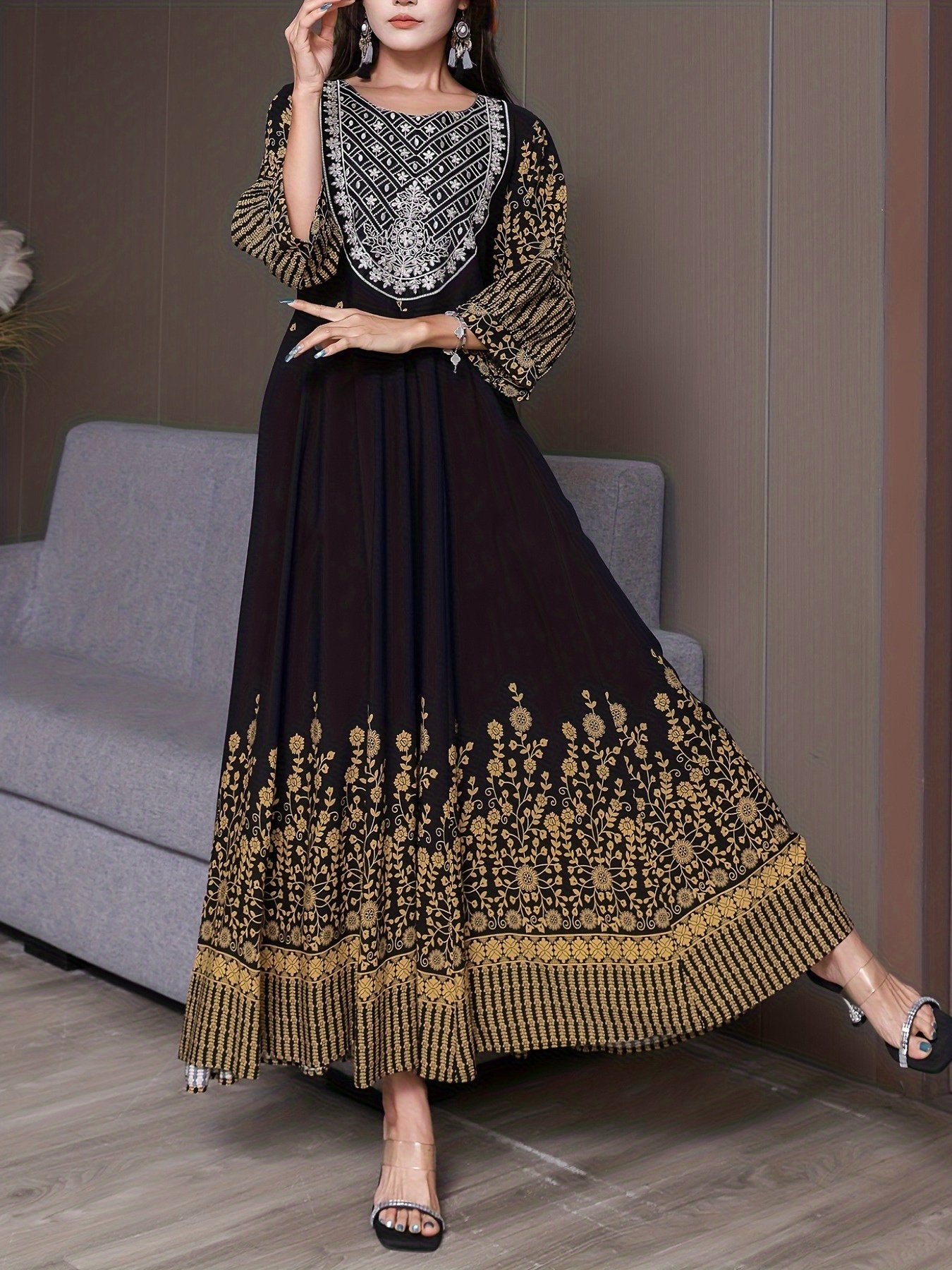 bohemian maxi dress embroidery sweeping train elegant - Temu Bahrain