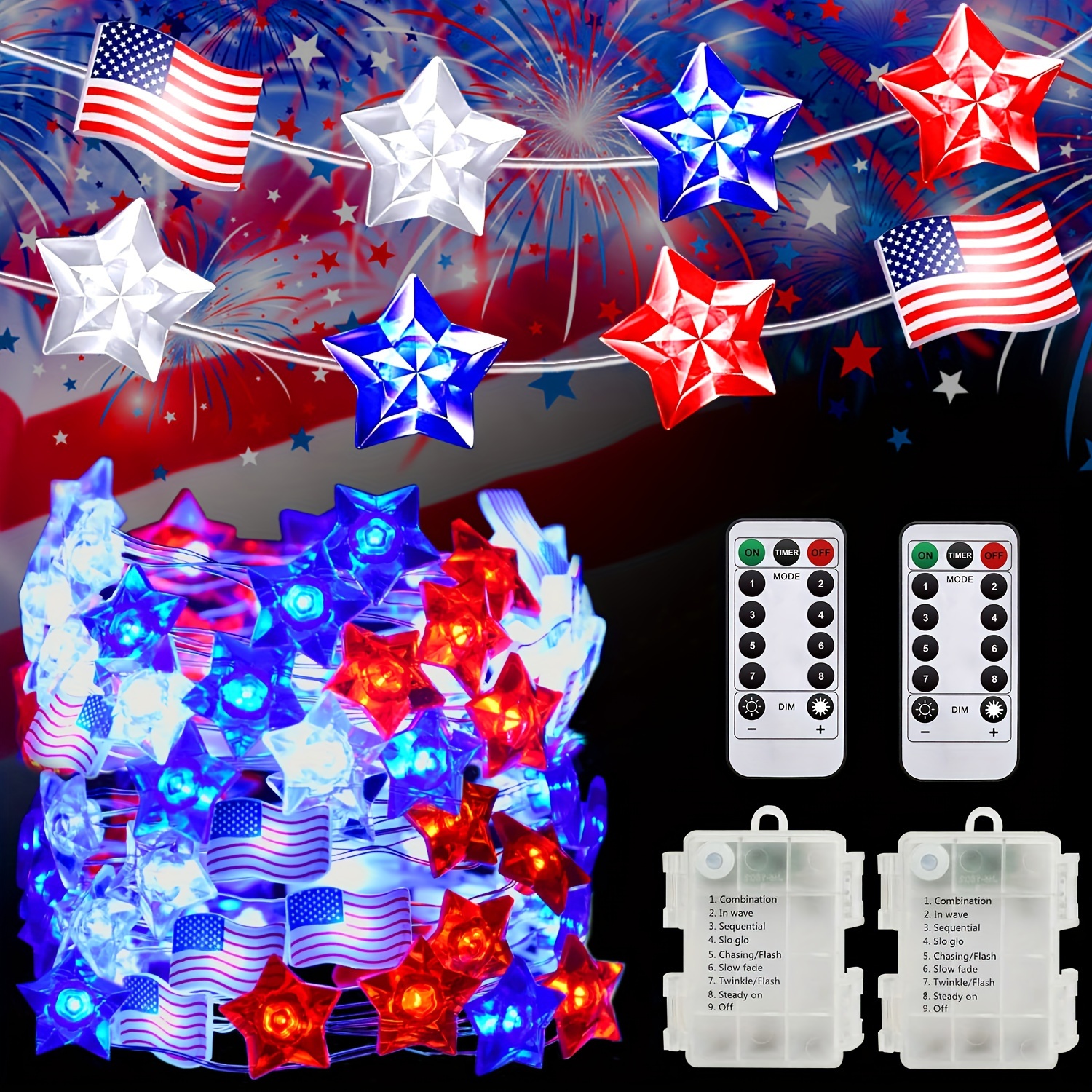 

100 Led Lights Mini Star & Usa Flag Fairy Lights Battery Operated Remote Timer With 8 Modes, For Memorial Day Decorations, 4th Of July Decorations & Any Patriotic Decor(2 Pack, 34ft)