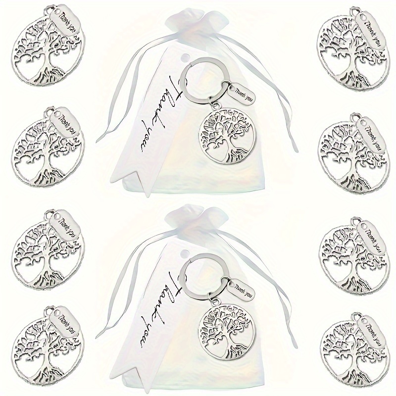 30pcs Small White Gauze Bag With Of Life Thank You Tag Keychain Set, 10pcs Keychains, 10pcs Gauze Bags, 10pcs White Cards