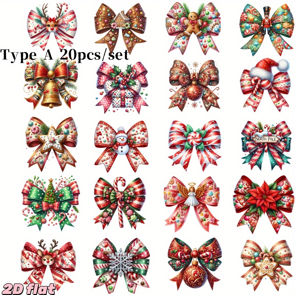 20pcs/set Handmade Creative Retro Christmas Bow Decoration Gift Series 2d Flat Stickers Suitable For Garbage Diary, Notebook, Decoration, Manual Account Cutting Book Stickers