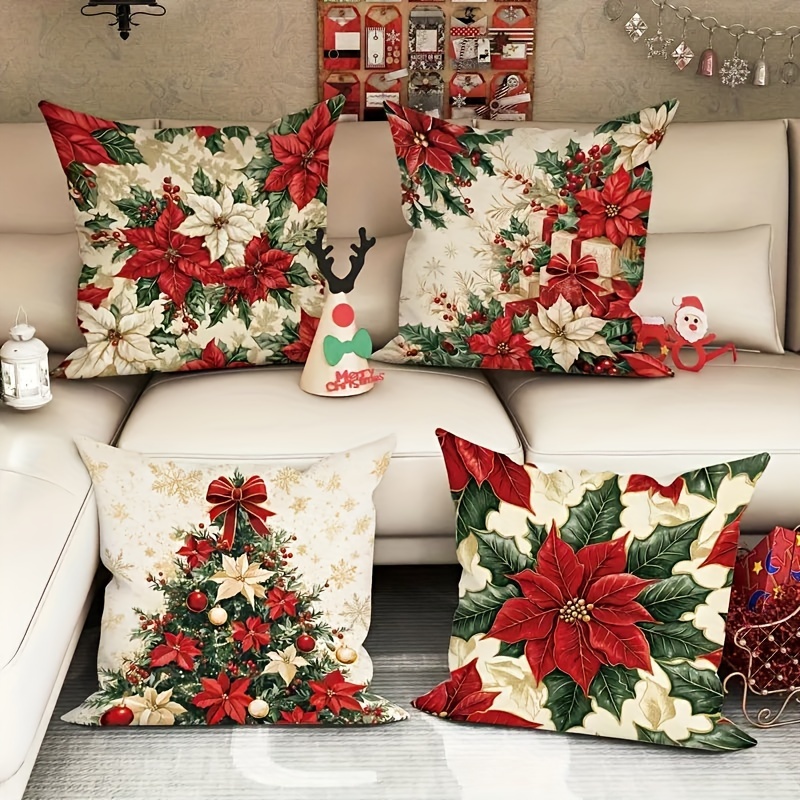 

4pcs Vintage Christmas Linen Throw Pillow Covers - Floral & , Soft Decorative Invisible Zipper Cases For Sofa, Bedroom, Living Room - Hand Wash Only (inserts Not Included)